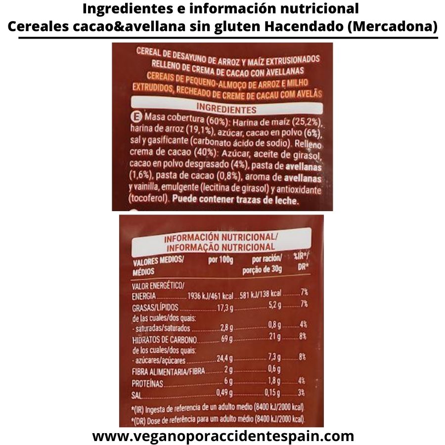 Cereales cacao y avellana sin gluten Mercadona ingredientes y valores nutricionales