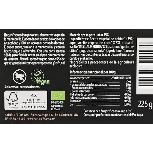 Margarina Naturli ingredientes y valores nutricionales