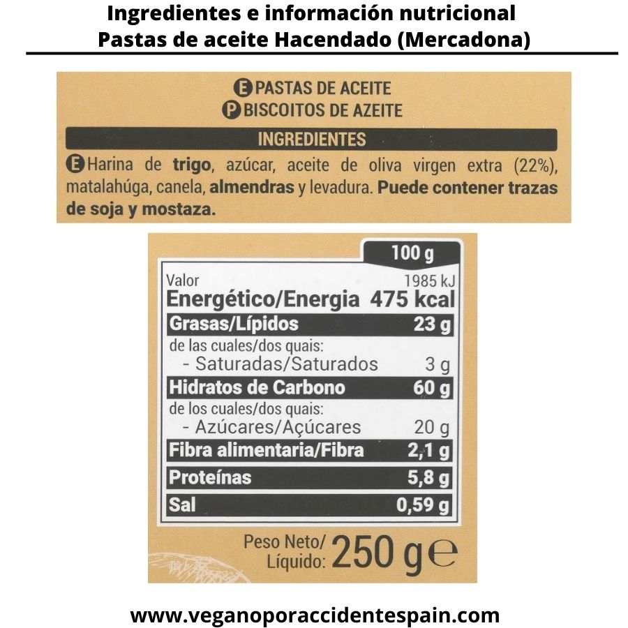 Pastas de aceite Hacendado Mercadona ingredientes y valores nutricionales