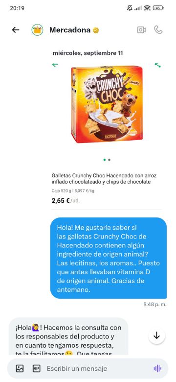 Cereales Crunchy choc de Mercadona son veganos
