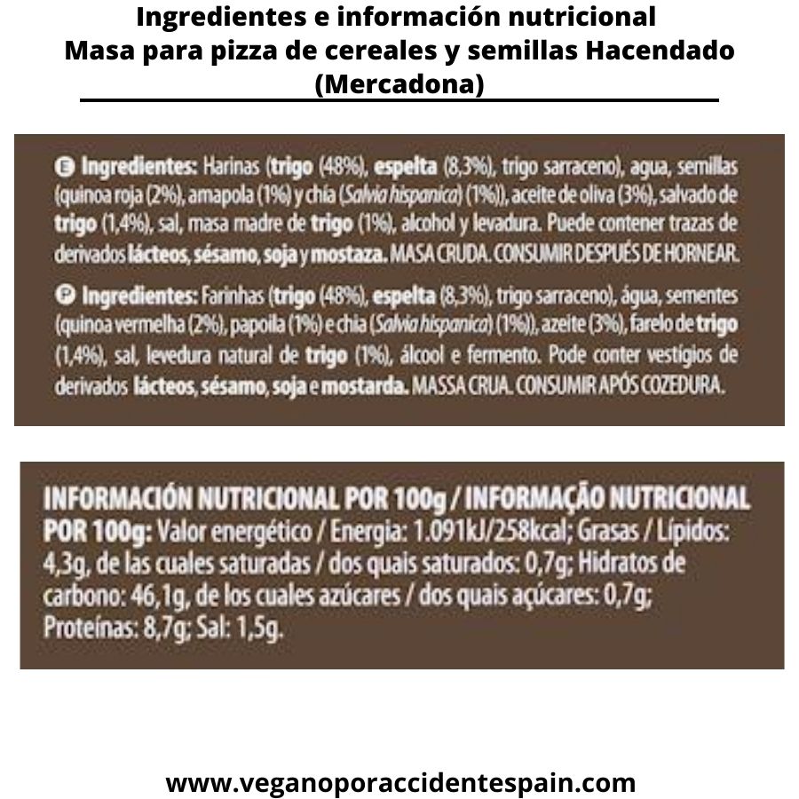 Masa de pizza cereales y semillas Mercadona ingredientes