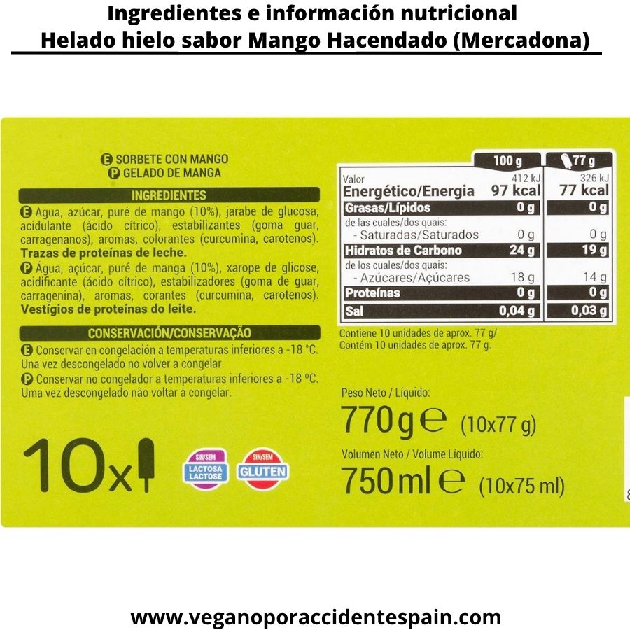 Helado hielo sabor mango Mercadona (Hacendado) - Imagen 2