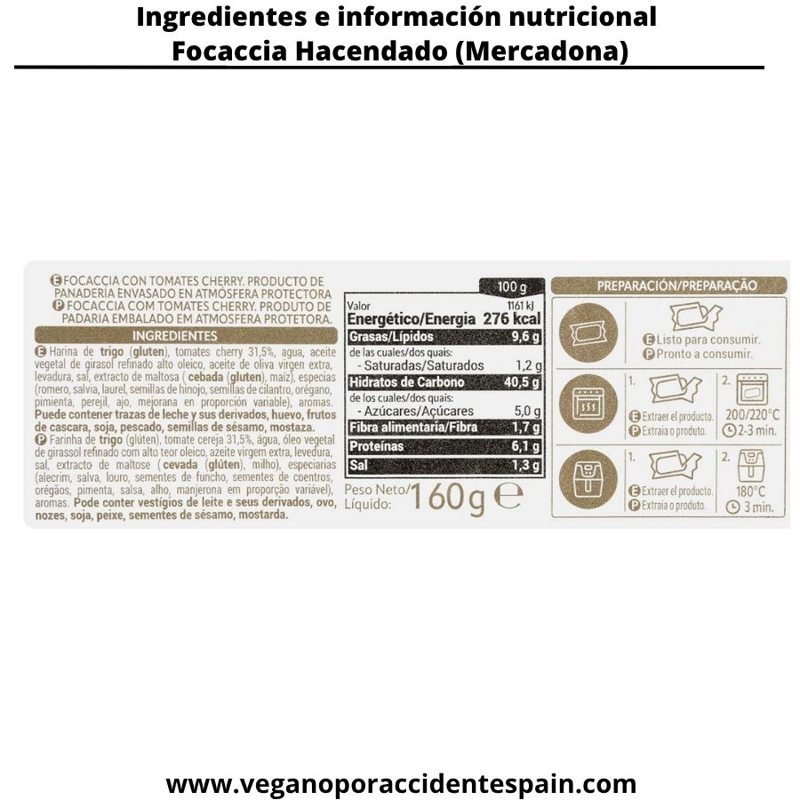 Ingredientes y valores nutricionales Focaccia Mercadona